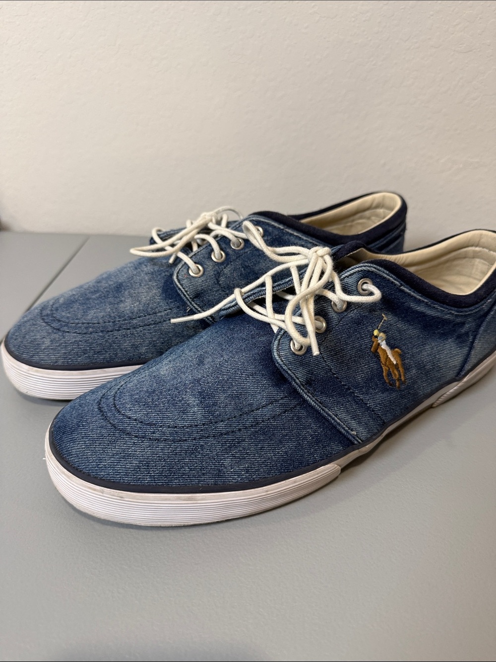 Ralph Lauren Denim Boat Shoes with White Laces Size 14 D Sneakers Preppy